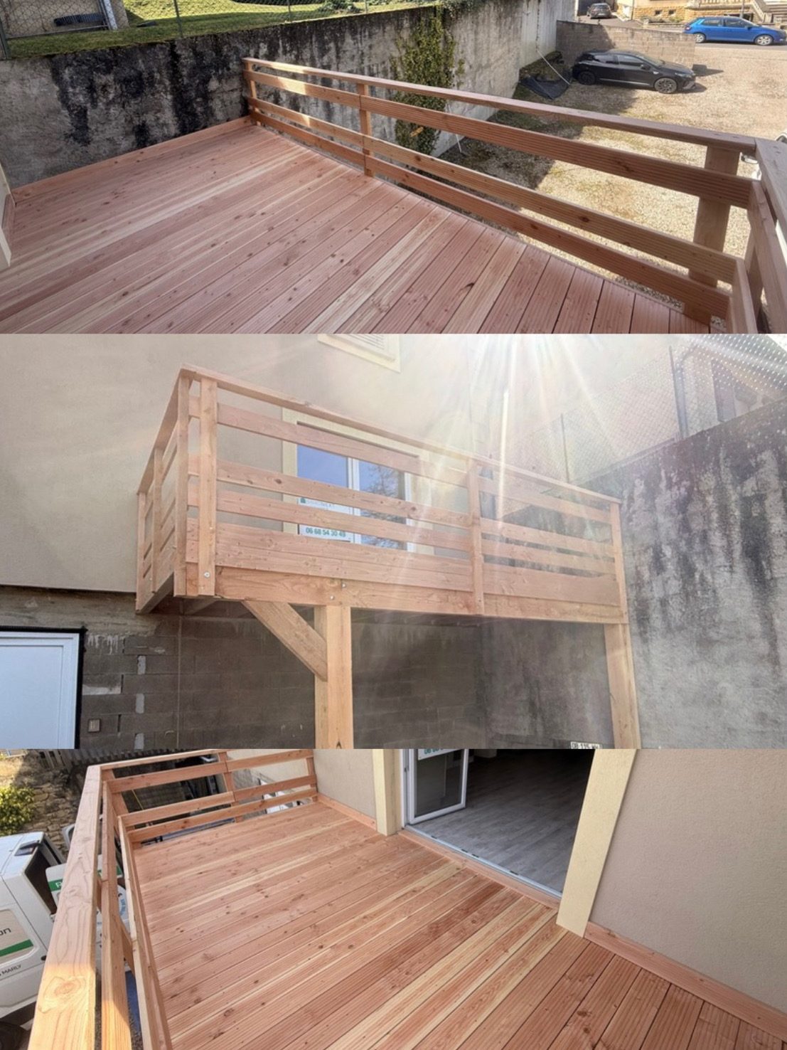 Terrasse en bois neuve avec garde-corps, le long d'un mur